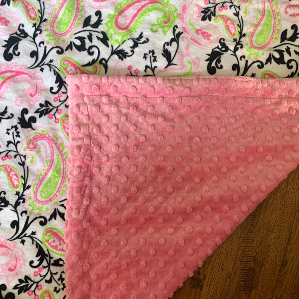 MINKY | Beautiful Pink, Green, White and Black Patterned Minky Blanket.